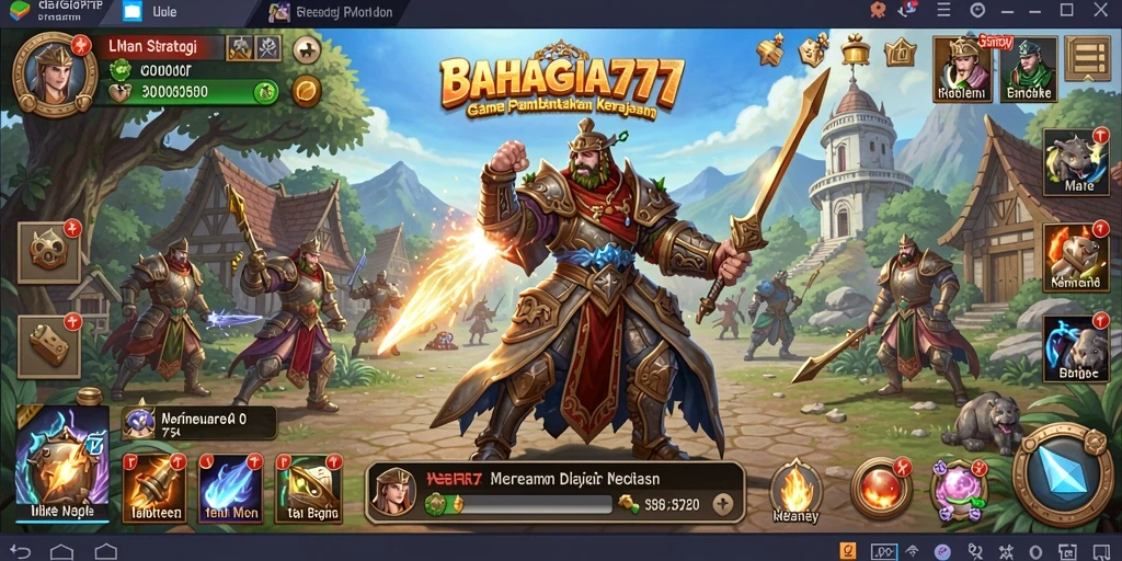 Screenshot gameplay BAHAGIA777 yang menunjukkan pertempuran seru dan pembangunan kerajaan.