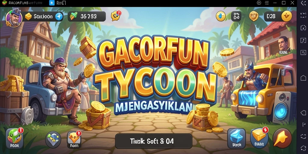 Tampilan utama gameplay GACORFUN menampilkan aksi membangun bisnis Tycoon.