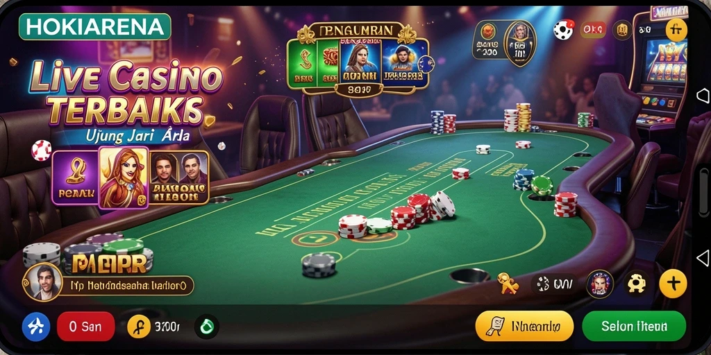 Screenshot gameplay HOKIARENA menampilkan dealer profesional dan suasana kasino yang hidup.