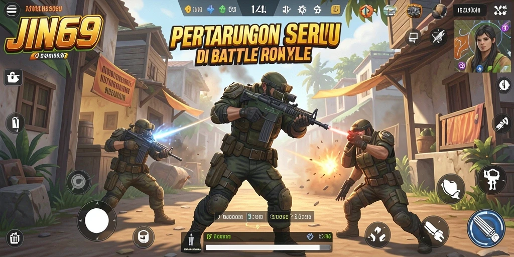 Tangkapan layar utama JIN69 menampilkan aksi pertarungan seru Battle Royale.