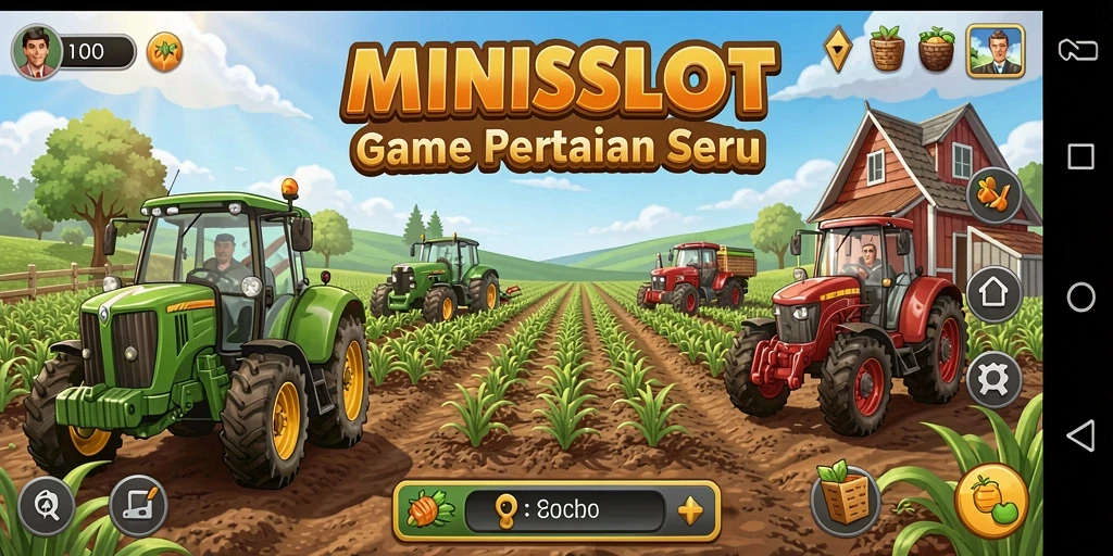 Tangkapan layar gameplay <strong>MINISLOT</strong> menunjukkan suasana pertanian yang ceria dan interaktif.