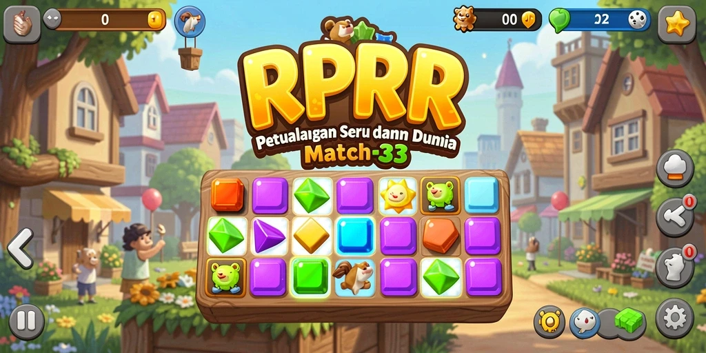 Screenshot menunjukkan aksi gameplay seru dalam RPRR, mencocokkan permata berwarna.