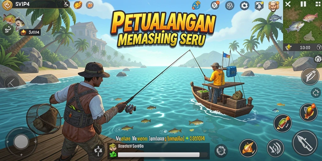 Screenshot gameplay SVIP4 dengan aksi memancing yang seru.