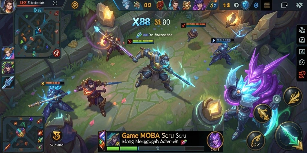 Tangkapan layar utama X88 yang menunjukkan aksi pertempuran MOBA yang intens.
